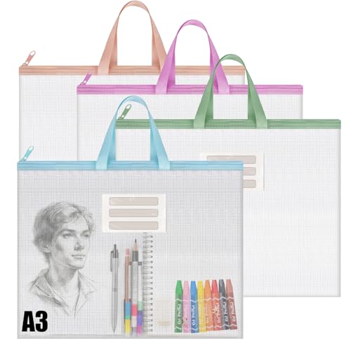 A3 Art Folder Carry Case 4PCS Clear Plastic Wallets Zip (4 Colors)