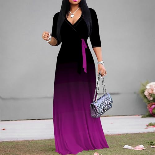 Image of PinkPatty Women's Plus Size Maxi Dress Casual 3 /4 Sleeve Dress with Belt | Soft stretch feel, printed style, flowy A-line fit, v neck, waist tie, side pockets, for vacation, party and daily wear