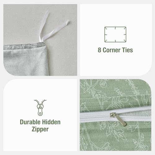 Image of Lekesky King Size Duvet Cover Set, White Floral Pattern King Size Duvet Cover, 3 Piece Green Comforter Cover with Zipper, Ultra Soft Microfiber Bedding Set with 2 Pillowcases