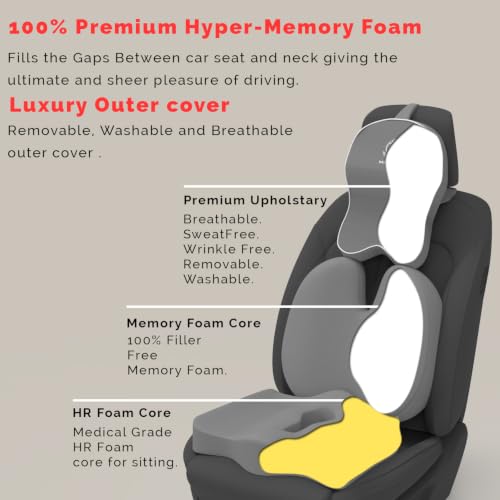 Image of MRRON Memory Foam Posture Corrector Car Seat Cushions Combo | Orthopedic Backrest, Coccyx Cushion & Neckrest | Ergonomic Lumbar Comfort Seat Cushion | (Grey, Backpro)