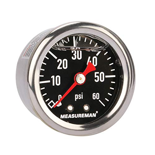 MEASUREMAN Fuel Pressure Gauge 0-60psi 1.5" Dial, 1/8" NPT Back, Stainless Steel Case, Brass Inside, Glycerin Filled, Black Dial