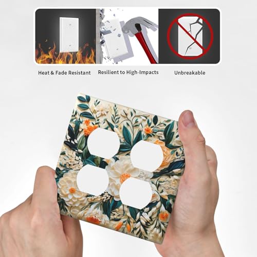 Decorative Outlet Covers Rustic Big Flowers Abstract Floral 2 Gang Wall Plate Cover Double Duplex Receptacle Two Switch Light Switch Cover Plate Jumbo Dual Faceplate for Bedroom Decor