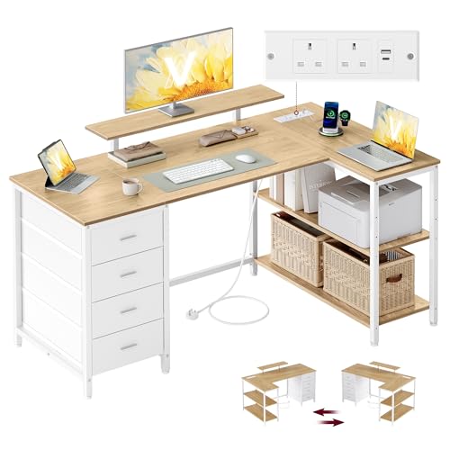 VASAGLE L Shaped Corner Desk with Power Outlets Computer Gaming Desk with Storage Reversible Layout Adjustable Shelves 4 Drawers 2 USB Ports Home Office 140 x 80 cm Natural Oak LWD172YD02