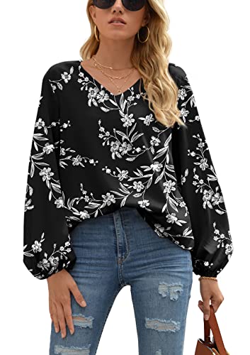 WANGZHI Blouse for Women Floral Boho Top Lightweight V Neck Long Ball Sleeve Shirt Fall 2025 Dressy Casual Hoilday Top