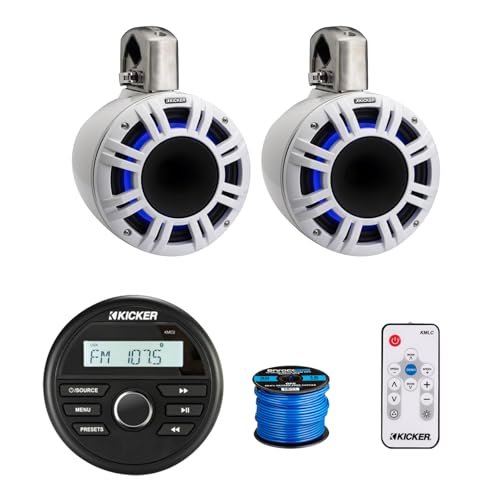 Kicker 46KMC2 Marine Gauge Style USB Bluetooth AM/FM Stereo Media Center Receiver, 2X 8 500 Watt Peak Multicolor LED Horn-Loaded (HLCD) Tower Speakers (White) with LED Remote, 50 Feet Wire