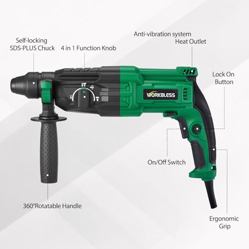 WorkBless 1 Inch SDS-Plus Rotary Hammer Drill, 8Amp, 3.0J 4 Functions Variable Speed Hammer Drill with Safety Clutch for Concrete Demolition Chipping,3 Drill Bits, 2 Chisels, 1 Adapter - Thumbnail 6