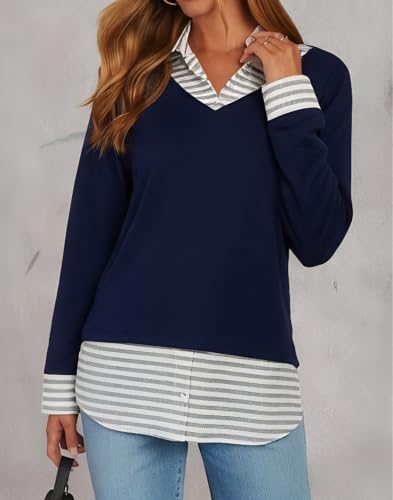Image of Oyamiki Women's Casual Collared Curved Hem 2 in 1 Pullover Tops Plaid Contrast Shirt Blouse