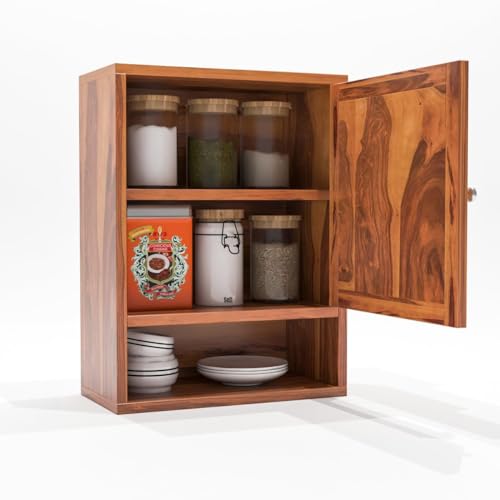 Image of Sheesham Wood Kitchen Cabinet for Home | Wall Mounted Kitchen Rack with Storage | Wooden Kitchen Unit /Organizer with 1 Door & 1 Shelf Storage (Honey Finish)