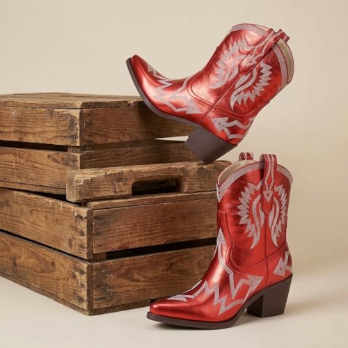 Image of HOCHFART Western Boots for Women Metallic Embroidered Pointed Toe Cowgirl Boots Chunky Heel Pull-On Short Cowboy Boots Wide Calf Country Ankle Boots
