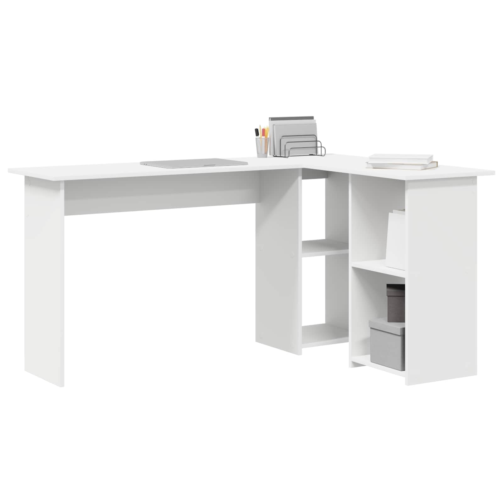 Scrivania angolare bianco legno ingegnerizzato 142 x 102 x 73 cm con ripiano e cassetto per ufficio casa studio smartworking, postazione lavoro PC gaming salvaspazio