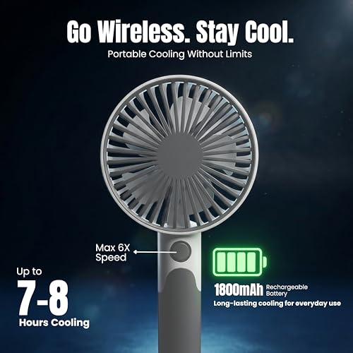 Image of One94Store Mini Handheld Fan, USB Rechargeable with 1800mAh Battery, 6-Speed Cooling for Home Office Travel, White & Dark Grey - Portable Electric Table Fan