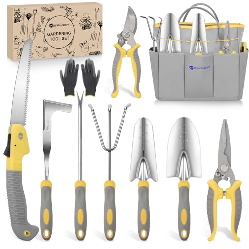 Yesker Gardening Tools 10-Piece Heavy Duty Garden Tool Set Gardening Supplies Gifts for Women Men Gardening Hand Tool Kit w Non-Slip Ergonomic Handle, Garden Bag, Durable Gloves, Pruning Shears, Gray