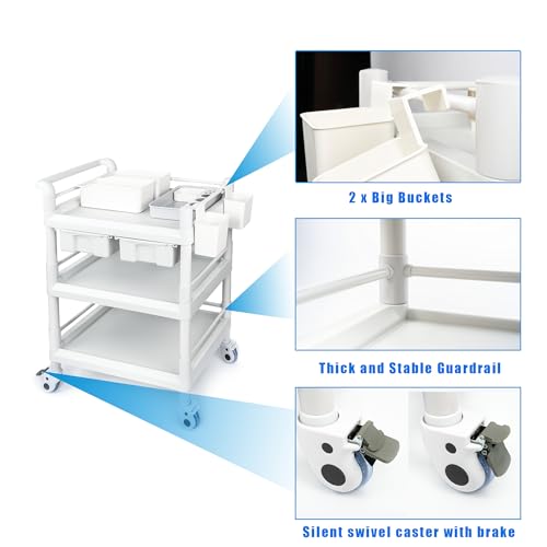 Medical Mobile Trolley Cart 3 Tier 500 Lbs Spacious Beauty Salon Rolling Trolley with Dirt Buckets Drawers 360°Rotate Wheels Heavy Duty Medical Utility Cart for Hospital Dental Clinic