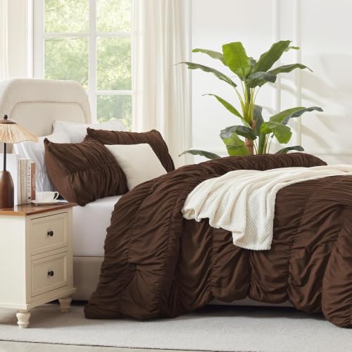 Image of Andency Ruched Brown California King Comforter Set, Boho Ruffle 3 Pieces