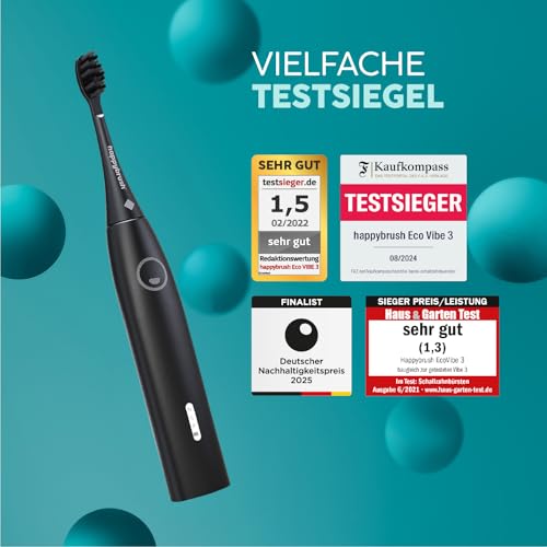 happybrush® Schallzahnbürste Eco Vibe 3 – TESTSIEGER – 100 Tage testen - Elektrische Zahnbürste mit 8 Wochen Power Akku – Ultraschall Zahnbürsten – 2 Jahre Garantie - Set mit Aufsteckbürsten - Black 3