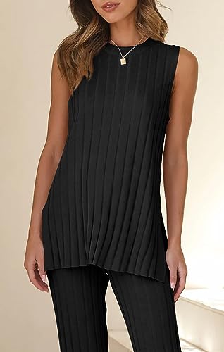 Tankaneo Two Pieces Outfits Sleeveless Top Knit Sets Trendy Lounge Long Pajamas Set2