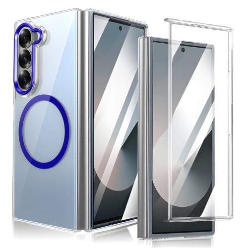 Image of Clear Magnetic Case for Samsung Galaxy Z Fold 7, Compatible with MagSafe, Crystal Clear Transparent Back, Slim Shockproof Protective Phone Cover with Strong Magnetic Ring - Blue