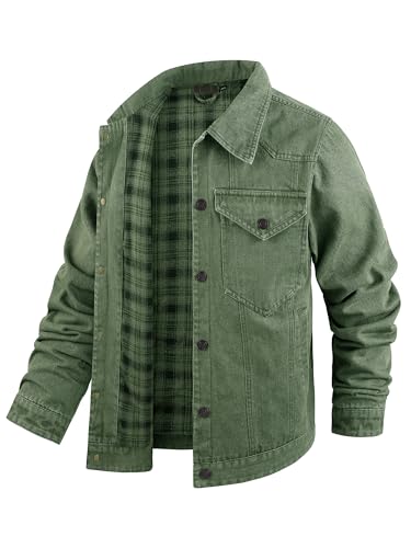 Image of Men's Denim Jacket Lined Flannel Plaid Vintage Cowboy Cut Western Classic Trucker Motorcycle Snap Fall Long Sleeves