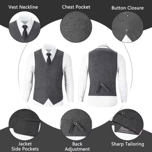 3 Piece Men's Tweed Herringbone Suit Slim Fit Business Prom Wedding Groom Tuxedos Set Notched Lapel Blazer Vest Pants Grey-2XL4