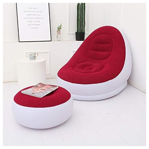 2-in-1 Red/White Lounge Sofa Bed Set, Folding Portable Inflatable Lazy Flocking Recliner with Footstool and Air Pump - Great for Pop Up Indoor and Outdoor Balcony, Backyard, Camping, Picnic, RV