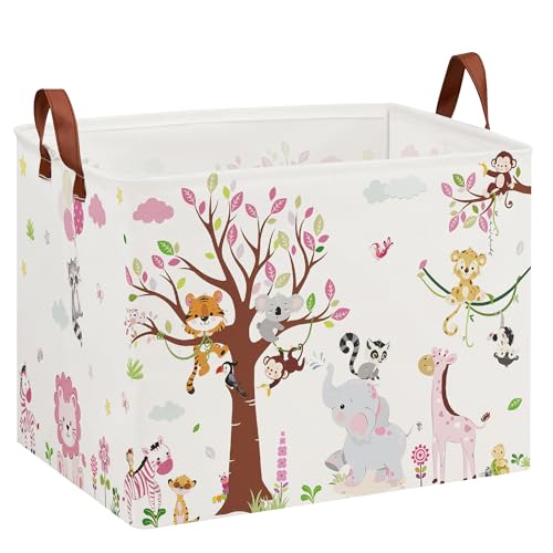 Image of Jungle Theme Baby Girl Baskets for Baby Shower,Freestanding Safari Nursery Decor Laundry Hamper,Stackable and Collapsible Kids Animal Storage Bin,Pink Basket for Easter Gifts (Upgraded Metal Frames)