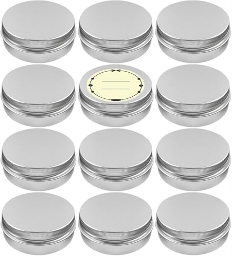 TUZAZO 12Pack 2 Oz Aluminum Tin Cans with Screw Lid and Labels Refillable Travel Sized Cosmetic Containers Small Tins for Salves Lotion Bars Beard Balms Candles