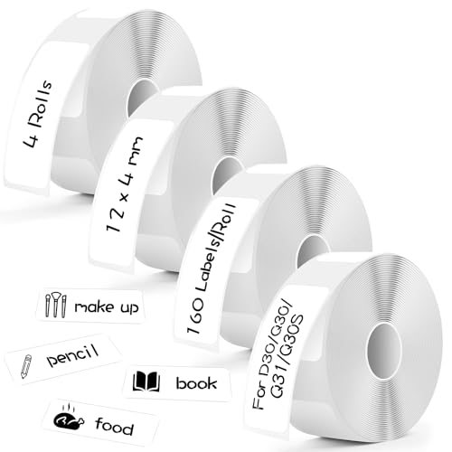 Gulxwis 4 Rollos Cintas de Etiquetas, 12 x 40 mm, Etiquetas Autoadhesivas Adhesivas Térmicas, Cinta Adhesiva Térmica, Compatible con Impresora de Etiquetas P15/P12/P11 - Blanco -160 Etiquetas/Rollo