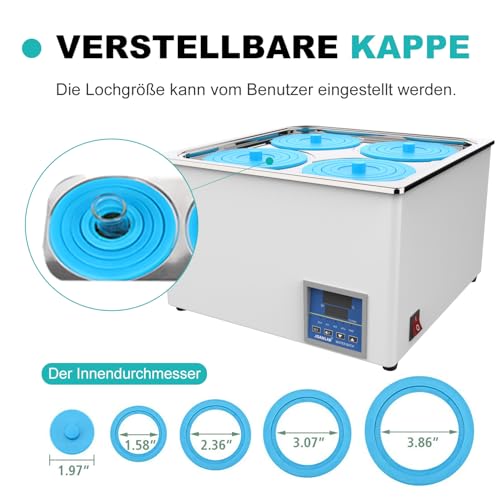 JOANLAB Laborwasserbad 12L, 800W - Vierfachöffnung, Edelstahl - Präzises Thermostat ±0,1°C - Timer 0-99 Min - LED Display