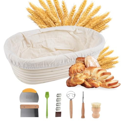 Sourdough Bread Baking Supplies Set Oval Proofing Basket 10in Rattan with Liner Dough Scraper Brush Double Loop Whisk Bamboo Brush Sourdough Starter Kit Bread Pan Banneton Basket