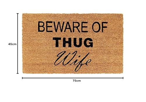 Image of Onlymat Natural Coconut Coir Beware of Thug Wife Funny Printed Anti-Slip Doormat for Home Entrance (45x75cm)