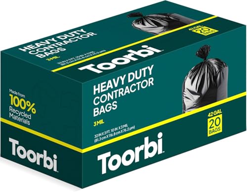 Toorbi Contractor Bags 42 Gallon (20 PACK/w TIES), 3 MIL Thick Large Black Heavy Duty Industrial Garbage Trash Bags for Professional Construction and Commercial Use