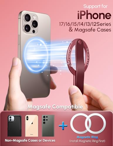 Image of GripMate for MagSafe Phone Grip for iPhone - Magnetic Phone Ring Holder Detachable for iPhone 17 Pro Max - Comfortable Finger Phone Loop Grip for Apple 16 /15 /14 /13 /12,Wine Red