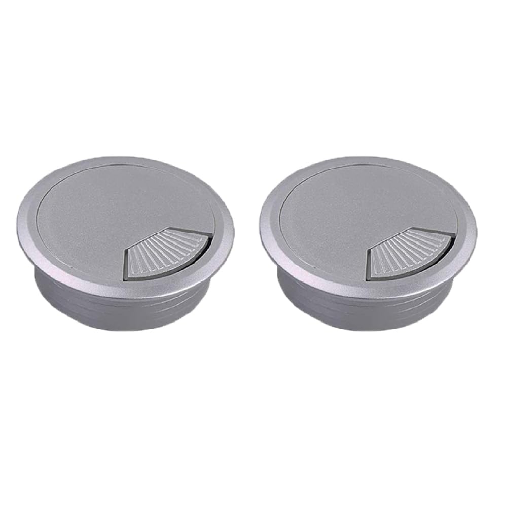 60mm Desk Grommet, 2 Pack Plastic Round Computer Wire Hole Cover, Worktop Cable Tidy Hole for Office Computer Desk Wires (Silver)