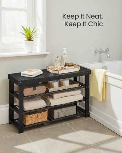 Image of SONGMICS Shoe Rack Bench, 4 Tier Bamboo Shoe Storage Organizer, Entryway Bench, for Living Room, Bathroom, Bedroom, 11.3 x 35.2 x 20.5 Inches, Ink Black ULBS390BH01