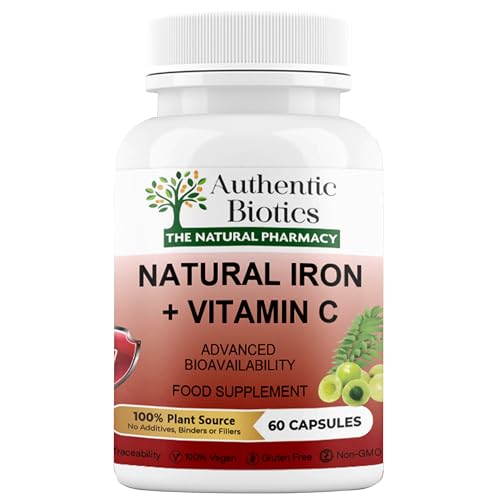 Authentic Biotics 60 Natural Vitamin C & Iron Supplement Capsules Support Iron Deficiency, Anemia | Energy Tablets for Reducing Tiredness and Fatigue | 100% Vegan Plant-Based Supplement (Pack of 1)