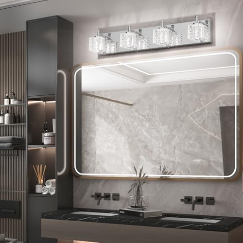 Image of Ralbay Modern LED Chrome Vanity Lights - 4 Lights Crystal Bathroom Light Fixtures Over Mirror