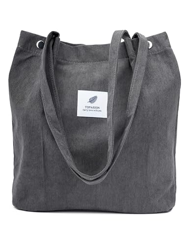 Image of TOPASION Cute Corduroy Tote Bag Canvas Shoulder Handbags for Women Travel Shopping