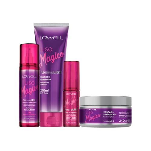Lowell Liso Mágico Kit – Champú 240 ml + Fluido Termoactivado 200 ml + Máscara Hidratante 240 g + Óleo Disciplinante 30 ml – Control de Frizz y Suavidad Máxima para Cabello Liso
