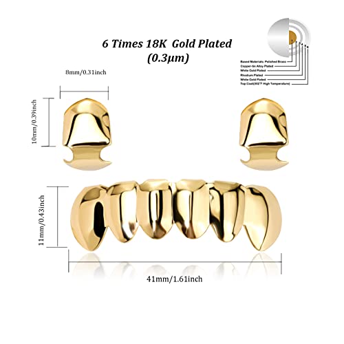 Yoszo Gold Grillz 18K Gold Plated 2Single Top & Bottom Set Grills For Your Teeth With Molding Bars Hip Hop Jewelry. (Gold) #TOP3