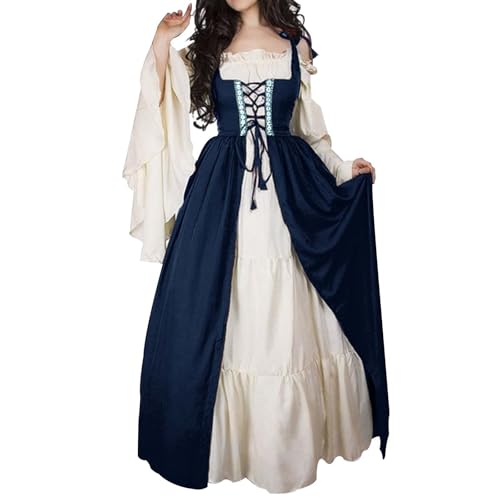 Robes Renaissance pour femmes – Robes médiévales vintage pour Halloween – Robes longues à épaules dénudées avec manches évasées – Tenue victorienne, bleu marine, S