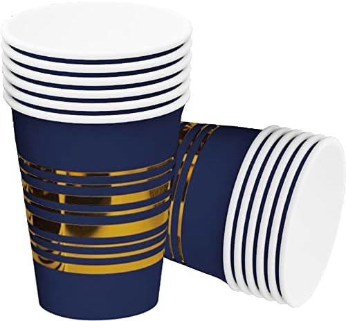 Navy Blue Paper Cups 12 Oz - Disposable Royal Blue Party Cups with Gold Stripes - Party Supplies for Cold Hot Drinks - Birthday Graduation