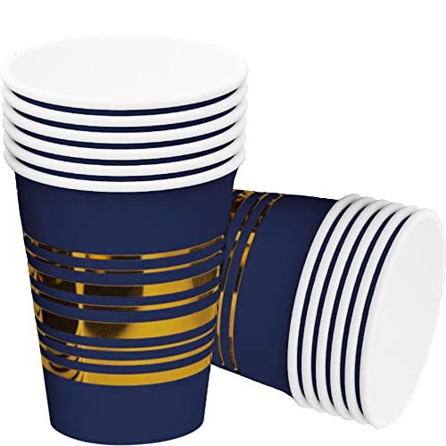 Navy Blue Paper Cups 12 Oz - Disposable Royal Blue Party Cups With Gold Stripes - Party Supplies For Cold Hot Drinks - Birthday Graduation #TOP26