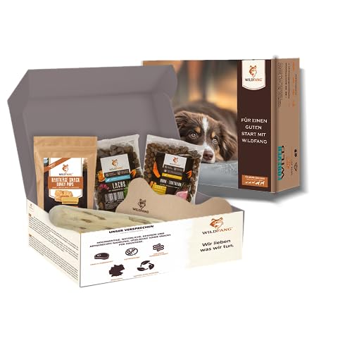Wildfang® Paket Willkommen Wegbegleiter - kleine Hunde| Welpe |Starterset für Welpen, Welpenbox, getreidefreie Proben Trockenfutter, Lederknochen, Hartkäse Probierset, Kaffeeholz Kaustab