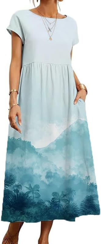 Cotton T Shirt Dresses for Women Cap Sleeve Crewneck Empire Waist Flowy Swing Summe...