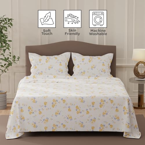 Image of Layers 100% Cotton Bedsheet for Double Size Bed | Lumina Floret Collection | 144 TC Soft & Breathable | Floral Print with 2 Pillow Covers | Wrinkle Free | 3 Pc Bedding Set - White & Yellow