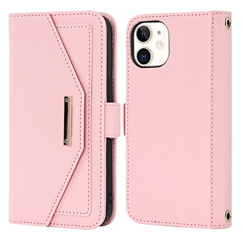 Jaorty Crossbody Wallet For Iphone 12 Mini Case With Adjustable Lanyard Strap Credit Card Holder 5.4",Pu Leather Handbag Purse Kickstand Make Up Mirror Cover Case For Men Women Girl,Pink #TOP6