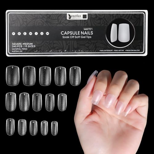 Beautilux Square Medium Nail Tips, 240 Pcs 15 Sizes Full Cover Matte Soft Gel Nail Tips, Pre-buff Soak Off Press On Fake Nail Tip for DIY and Nail Extension