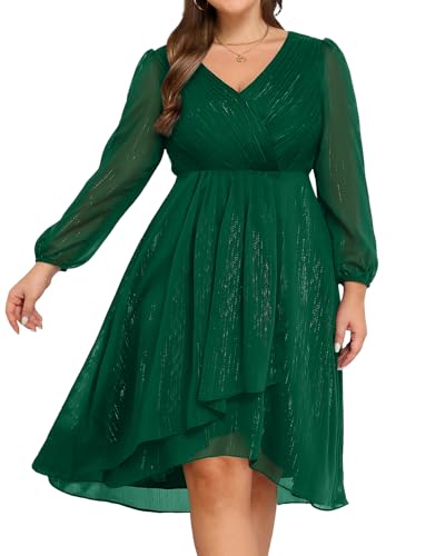 Talisea Cocktailkleid in Übergröße – formelle Hochzeitsgäste Herbst Langarm A-Linie Plissee V-Ausschnitt Midikleider für kurvige Frauen, Dunkelgrün, 50 Mehr