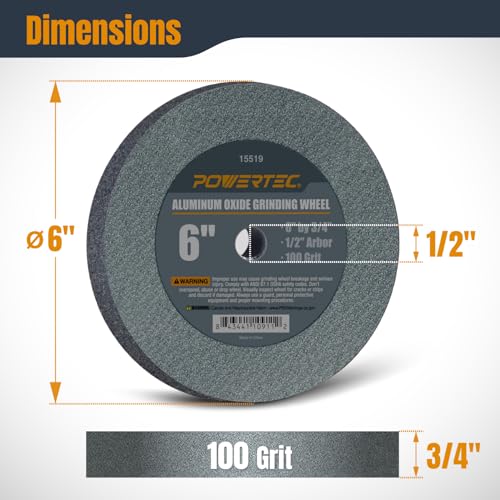 Image of POWERTEC Bench Grinder Wheel 6 Inch 100 Grit, Aluminum Oxide Grinding Wheel for Bench Pedestal Grinder, 3 /4 inch Thick 1 /2 inch Arbor, Sharpening & Shaping Drill Bits, Blade, and Chisel 1PK (15519)