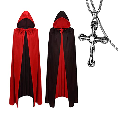 Pro-Noke Halloween Vampire Cloak with Cross Necklace Black and Red Reversible Hooded Witch Capes Adult Halloween Party Wizard Witch Vampires (Black w/t Red